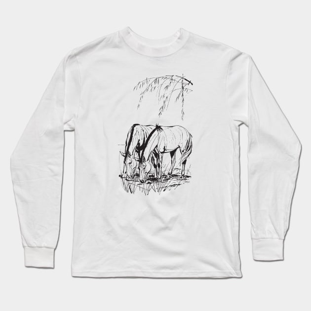 Gaucho Horses Grazing by PPereyra Long Sleeve T-Shirt by Pablo Pereyra Art